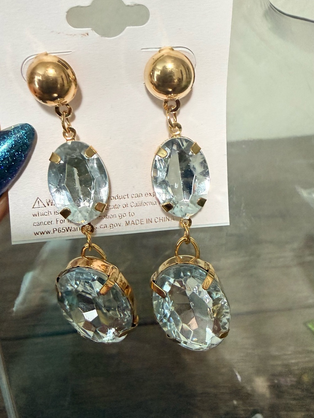 Gold Drop Earrings with White Oval Crystals - Women's Jewelry